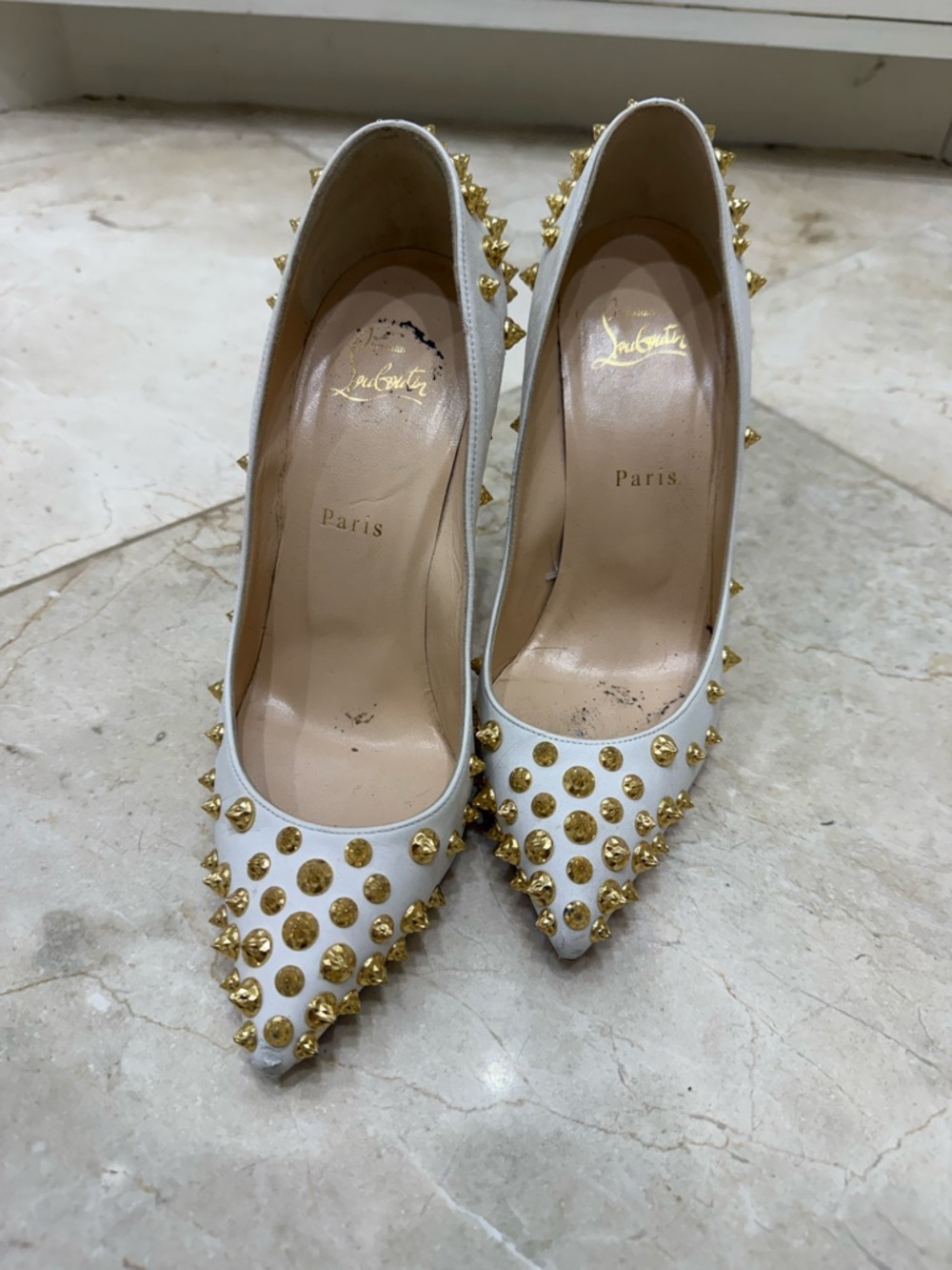 Christian Louboutin White Leather Pointed Toe Gold-Stud Pumps